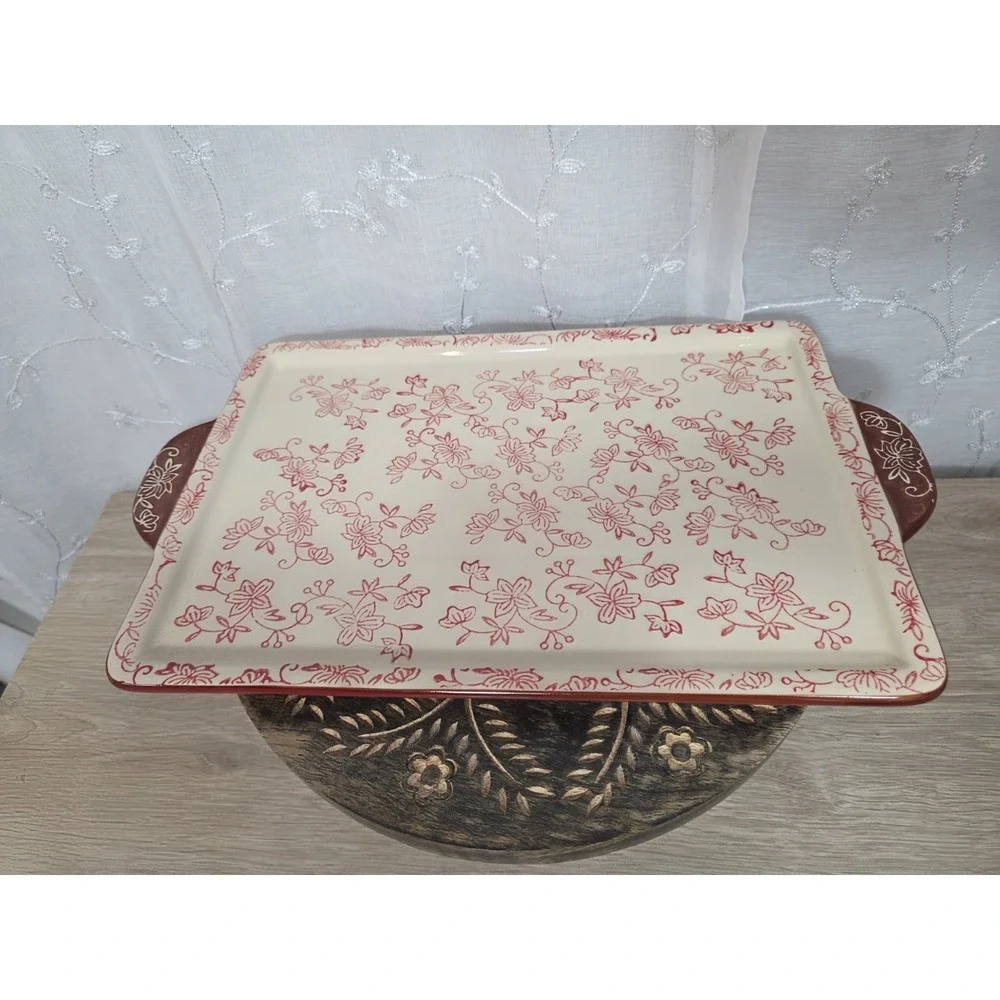 Temptations by Tara Floral Lace Rectangular Serving /Baking Tray Platter Red